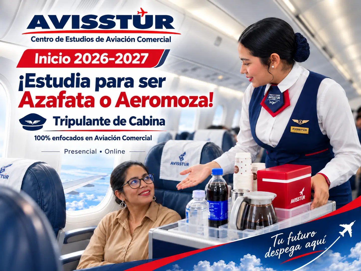 AVISSTUR. Inicio 2026-2027. Estudia para ser azafata o aeromoza. Tripulante de cabina. Modalidad presencial y online.